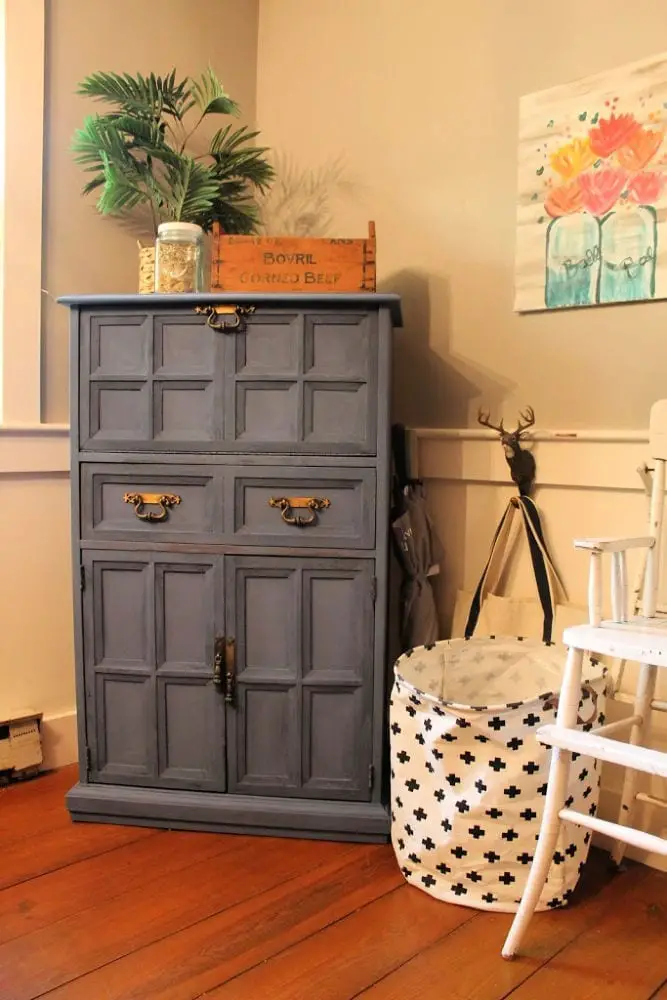 Chalk painted craft cabinet using Rustoleum's Coastal Blue chalk paint.