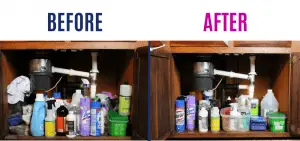 Decluttering before and after: cleaning supplies