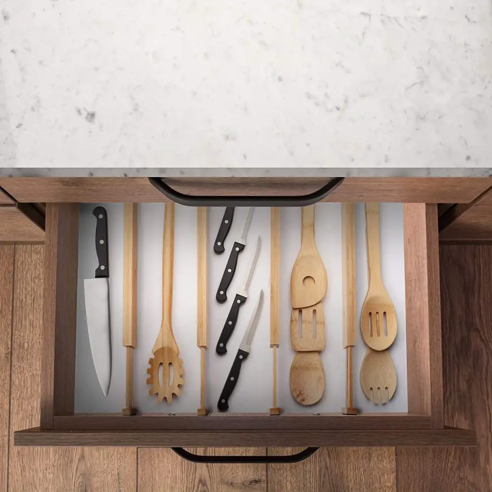 Bamboo drawer dividers for kitchen organization