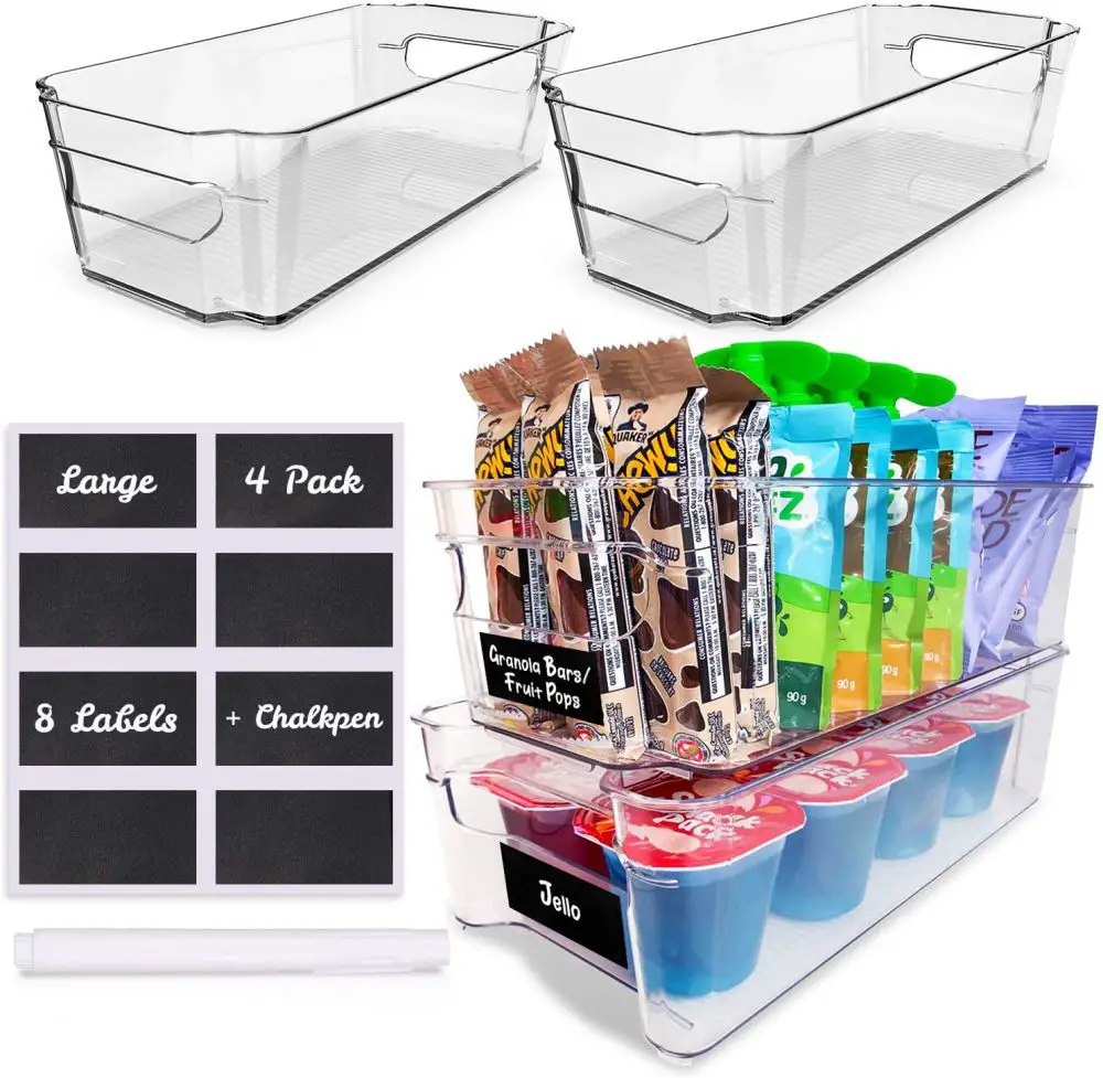 Clear acrylics bins for kitchen organization that come with chalkboard labels.