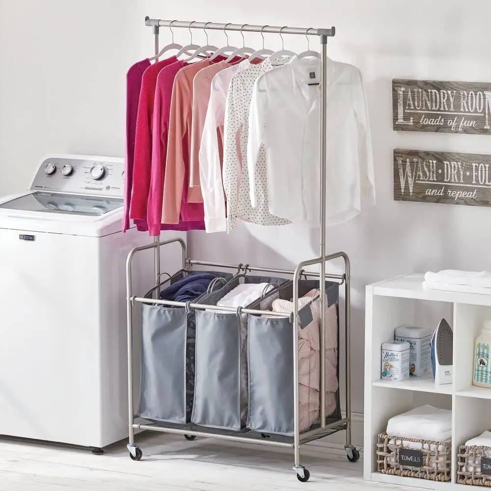 Laundry hamper with a bar to hang clothes.