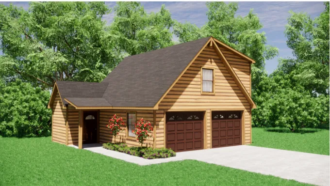 two car log cabin garage with bedroom and bathroom