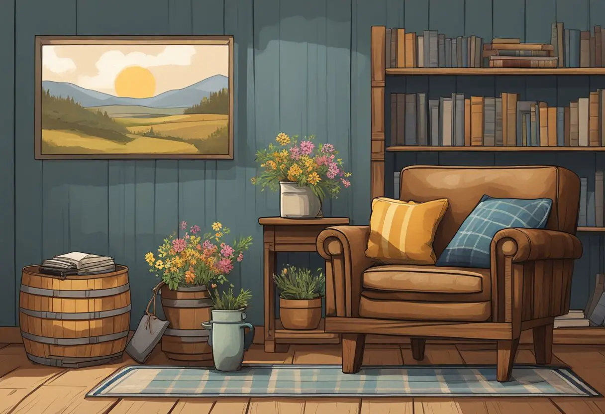 A rustic living room with plaid throw pillows and a knit blanket draped over a worn leather armchair. A vintage wooden crate serves as a side table, holding a stack of books and a vase of wildflowers