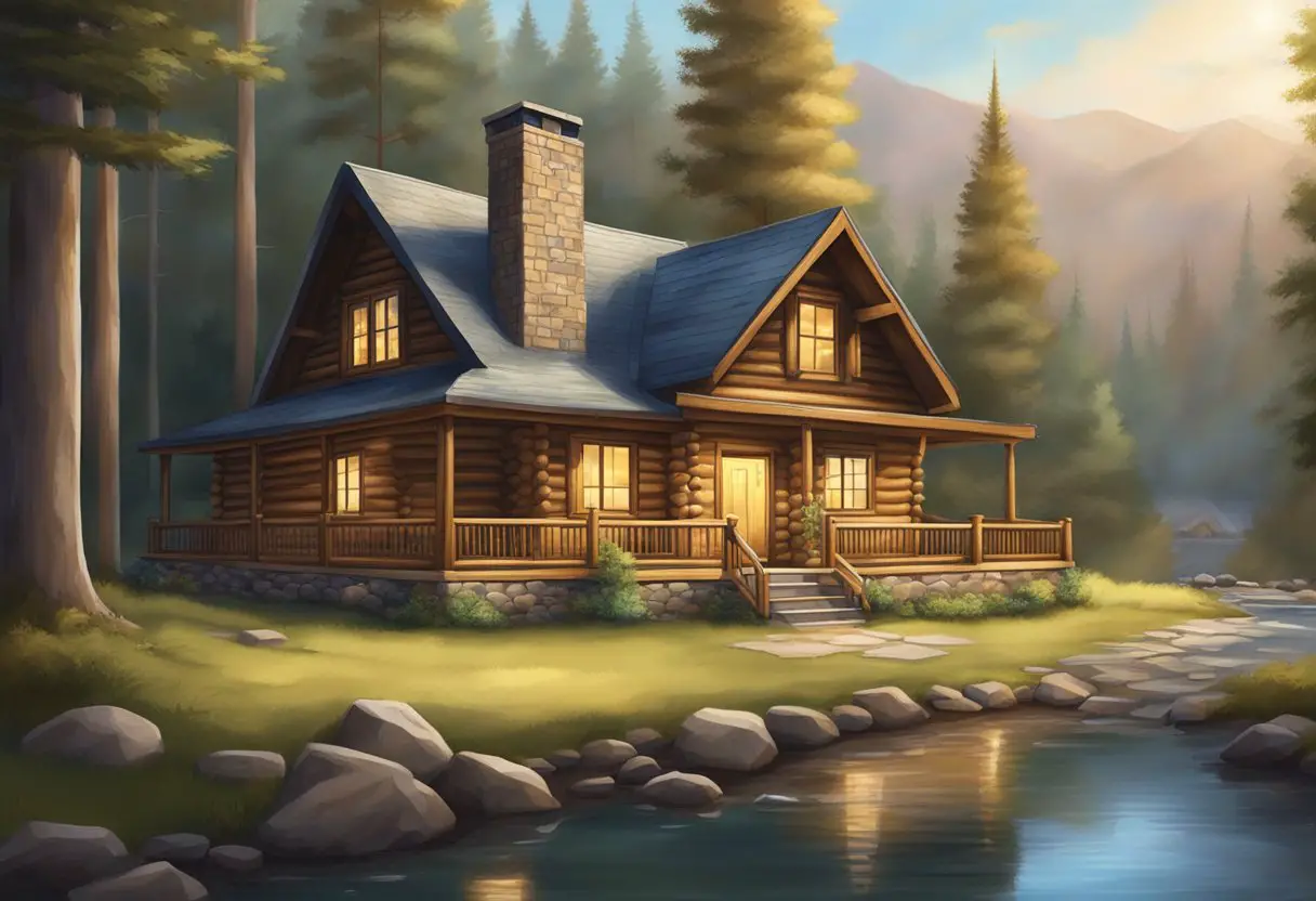 A cozy log cabin nestled in a serene forest, with a warm fireplace and comfortable furnishings, exuding a sense of peace and contentment