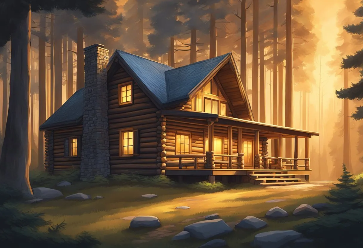 A log cabin sits nestled in a forest clearing, surrounded by tall trees. A warm glow emanates from the windows, suggesting a cozy and inviting interior