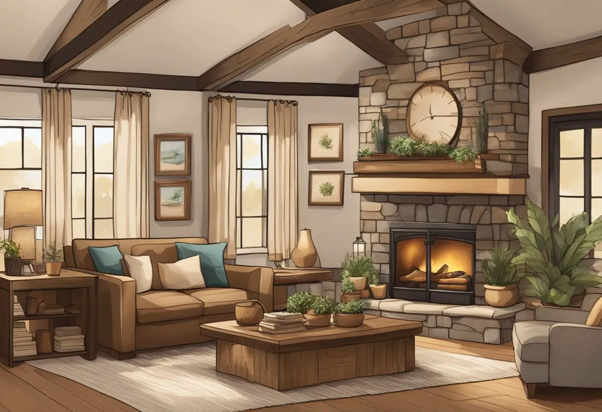 A warm, inviting living room with earthy tones, soft lighting, and rustic decor. A crackling fireplace adds to the cozy ambiance