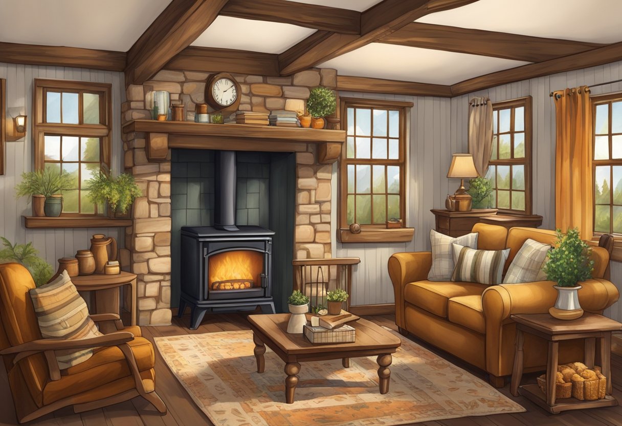 A cozy country home with rustic wooden furniture, soft plaid blankets, vintage decor, and warm earthy tones. A crackling fireplace adds a welcoming touch