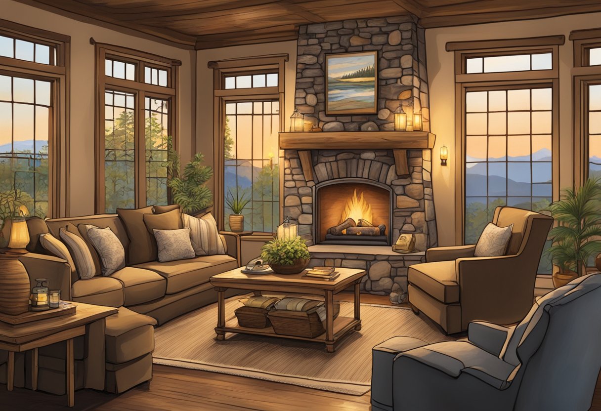 A crackling fireplace casts a warm glow over a rustic living room, adorned with soft, earthy tones and plush furnishings, inviting guests to sink into cozy comfort