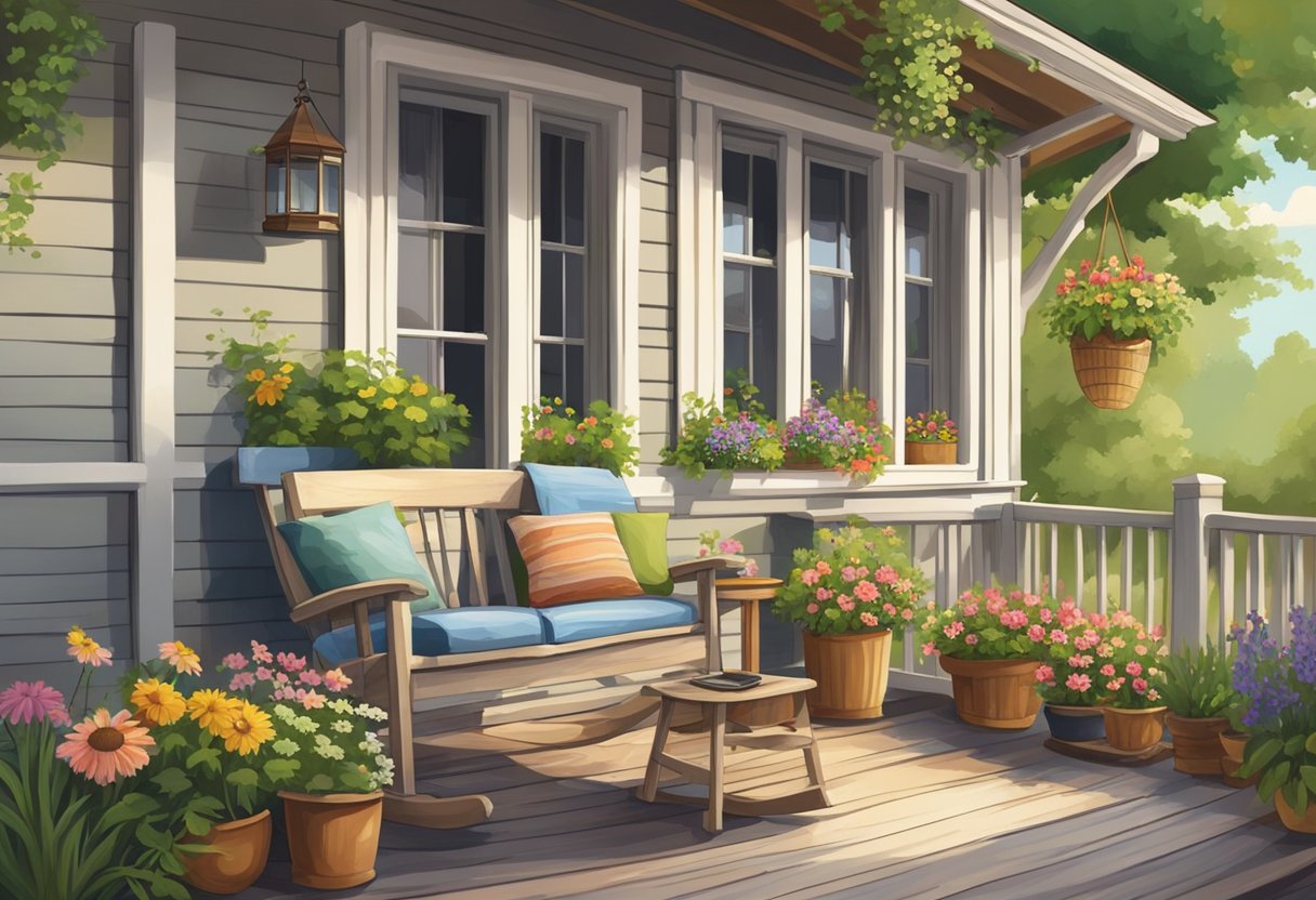 A cozy country home with a rustic wooden porch, surrounded by lush greenery and colorful flowers. A rocking chair and a small table with a vase of wildflowers create a warm and inviting atmosphere