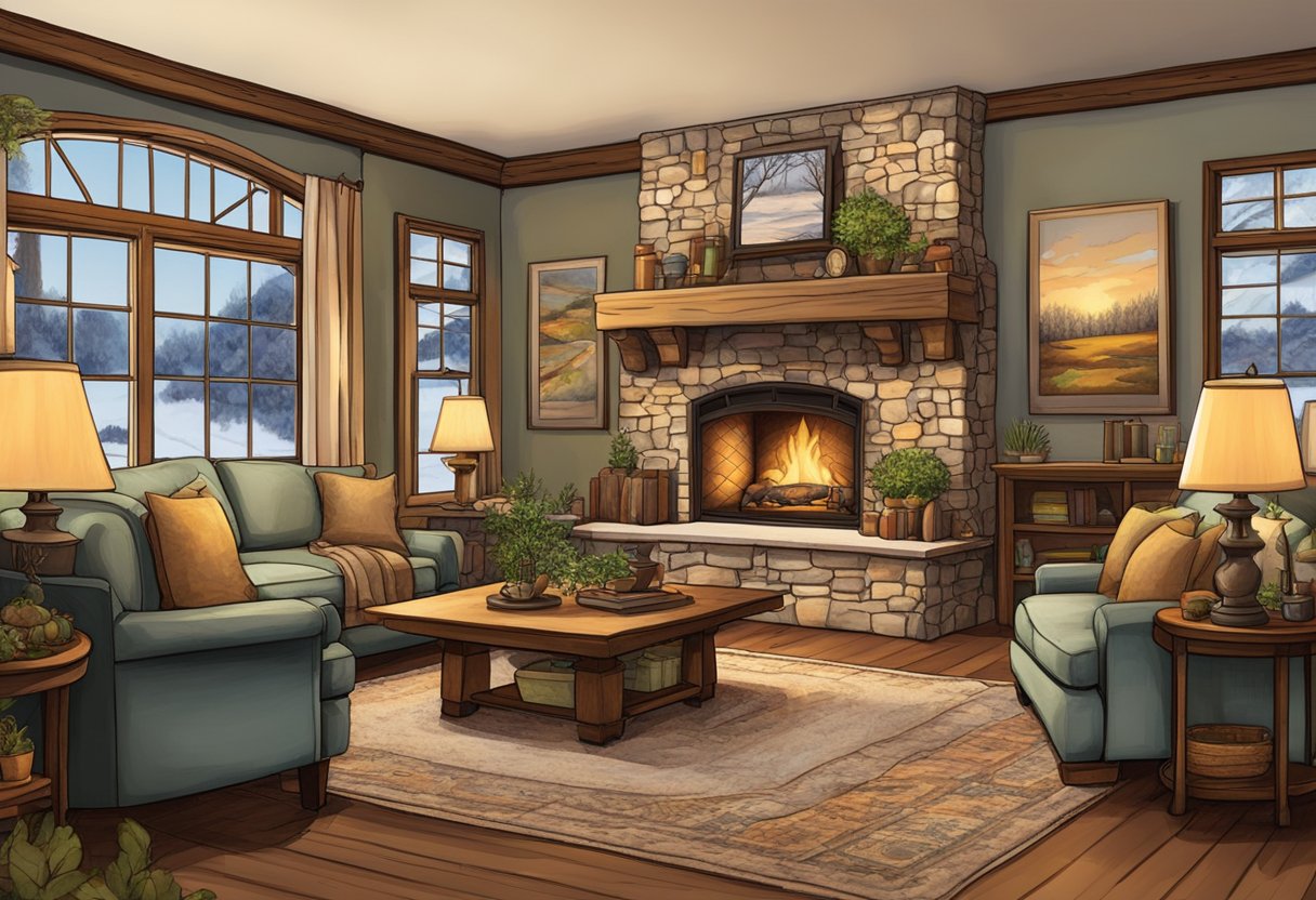 A crackling fireplace warms a rustic living room with plush couches, soft blankets, and warm lighting, creating a cozy country home aesthetic