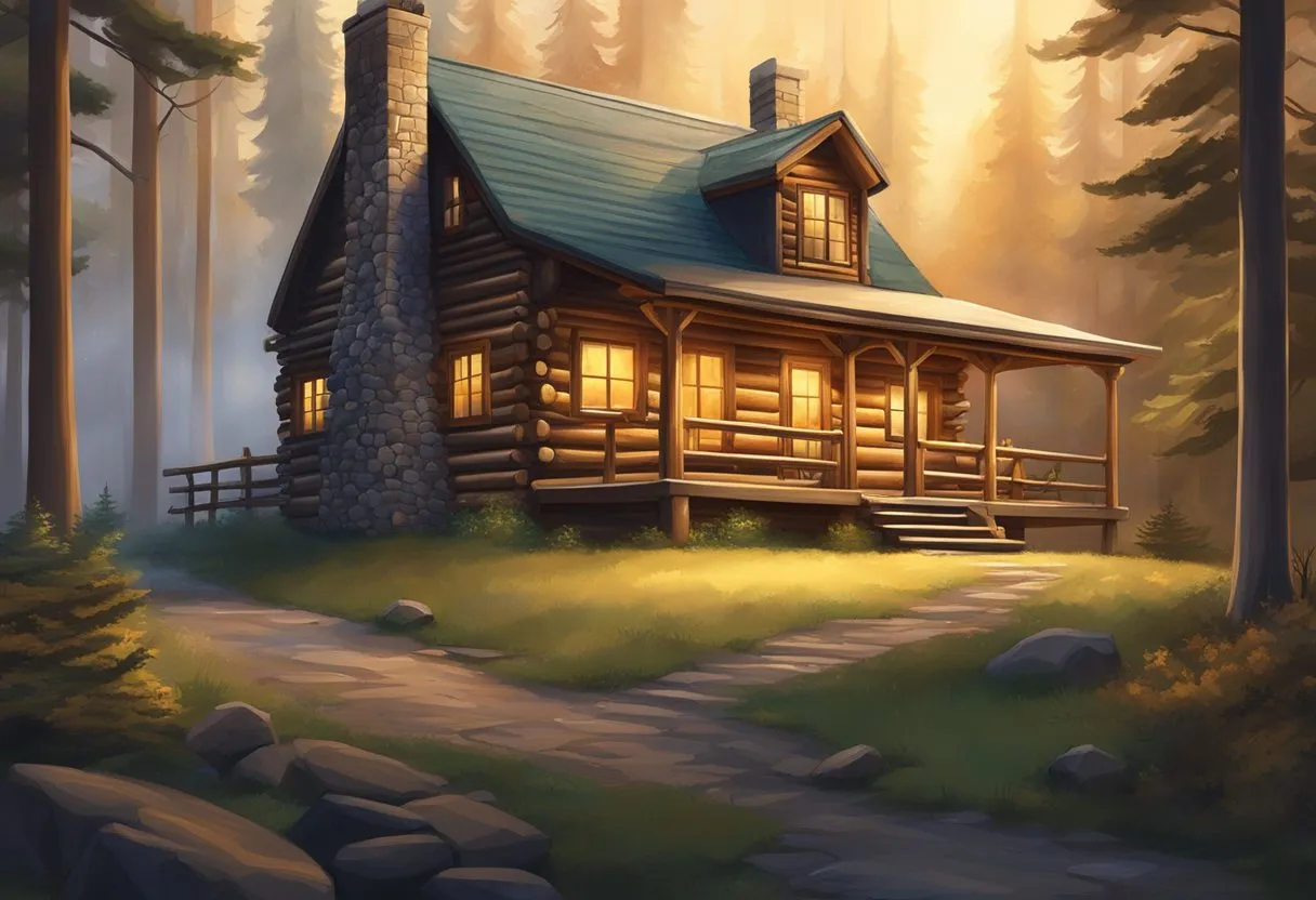 A cozy log cabin nestled in a lush, wooded setting, with a warm glow emanating from the windows, and smoke rising from the chimney
