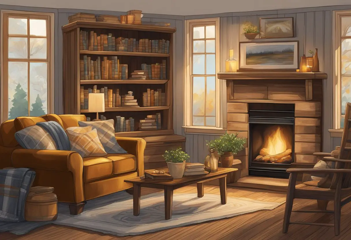 A roaring fireplace casts a warm glow on rustic wooden furniture and plaid accents. Soft, knitted blankets drape over a comfy sofa, while shelves display vintage books and charming knick-knacks