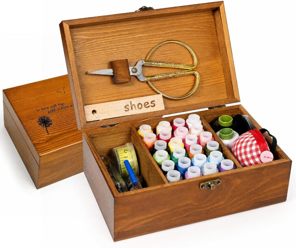 A box of basic sewing supplies