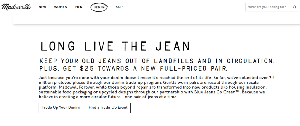 A screenshot of the Madewell Jean Recycling details